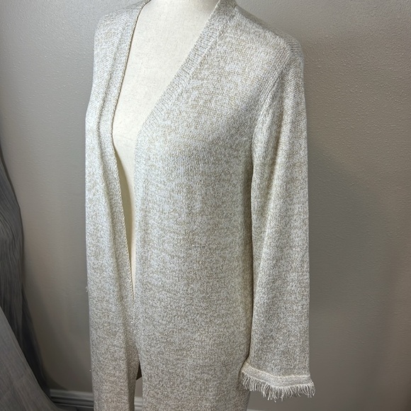 ANN TAYLOR Shimmer Fringe Open Knit Cardigan‎ Sweater Cream Spring Lightweight S - Picture 1 of 17